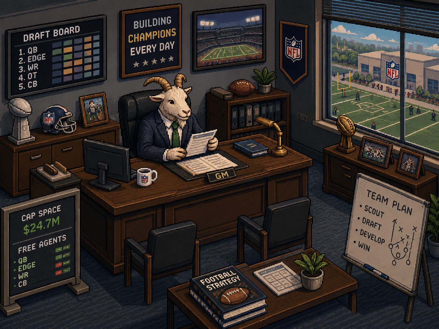 Pixel art goat general manager working in a football front office